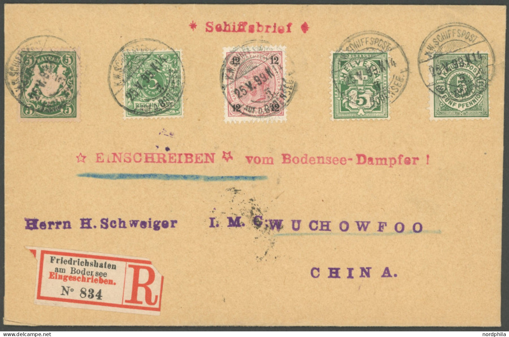 DEUTSCHE SCHIFFSPOST 1899, Bodensee-Schiffspost: Einschreib-Schiffspostbrief Mit Fünfländer-Frankatur Bayern, Deutsches  - Schiffahrt