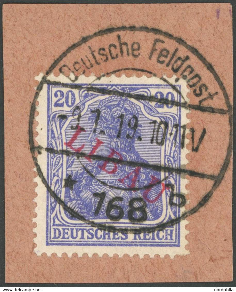 LIBAU 4Bbb BrfStk, 1919, 20 Pf. Dunkelviolettblau, Type II, Aufdruck Rot, Prachtbriefstück, Signiert, Mi. (80.-) - Besetzungen 1914-18
