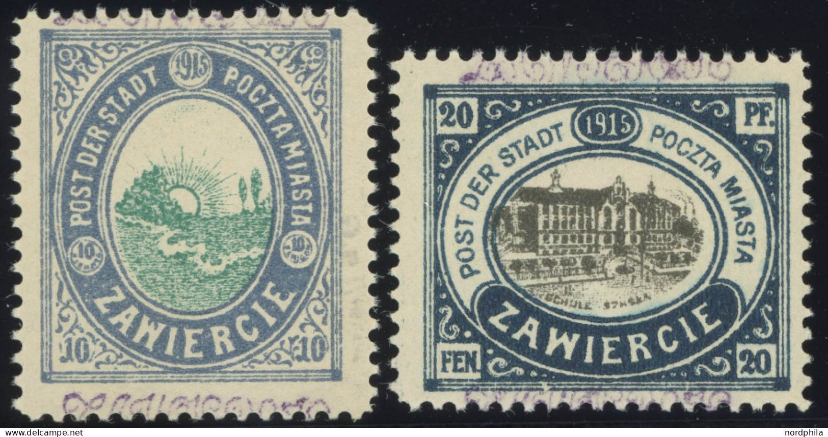 POLEN-ZAWIERCIE 1/2II , 1916, 10 Und 20 Pf. Stadtpost, Kontrolleindruck Dunkelblauviolett, Ohne Gummi, Pracht, Gepr. Jun - Occupation 1914-18