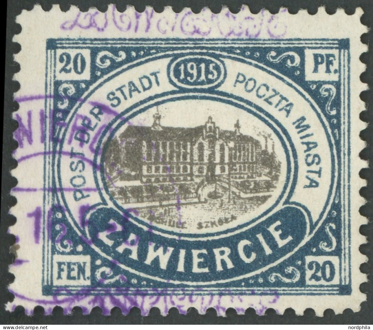 POLEN-ZAWIERCIE 2II O, 1916, 20 Pf. Stadtpost, Kontrolleindruck Dunkelblauviolett, Pracht, Signiert, Mi. 400.- - Besetzungen 1914-18