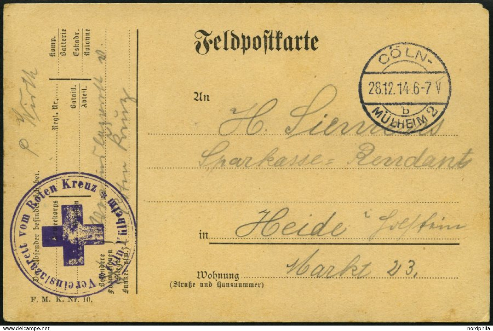 FELDPOST I.WK 1914, Feldpostkarte Aus Dem Rotkreuz-Vereinslazarett Cöln/Mühlheim Nach Heide, Mit Violettem Lazarettstemp - Brieven En Documenten