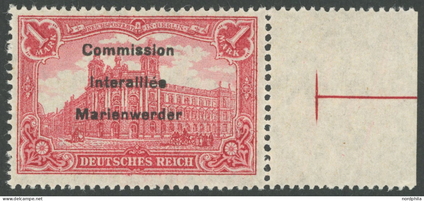 MARIENWERDER 20 , 1920, 1 M. Dunkelkarminrot, Rechtes Randstück, Postfrisch, Pracht, Gepr. U.a. Dr. Klein, Mi. 230.- - Sonstige & Ohne Zuordnung