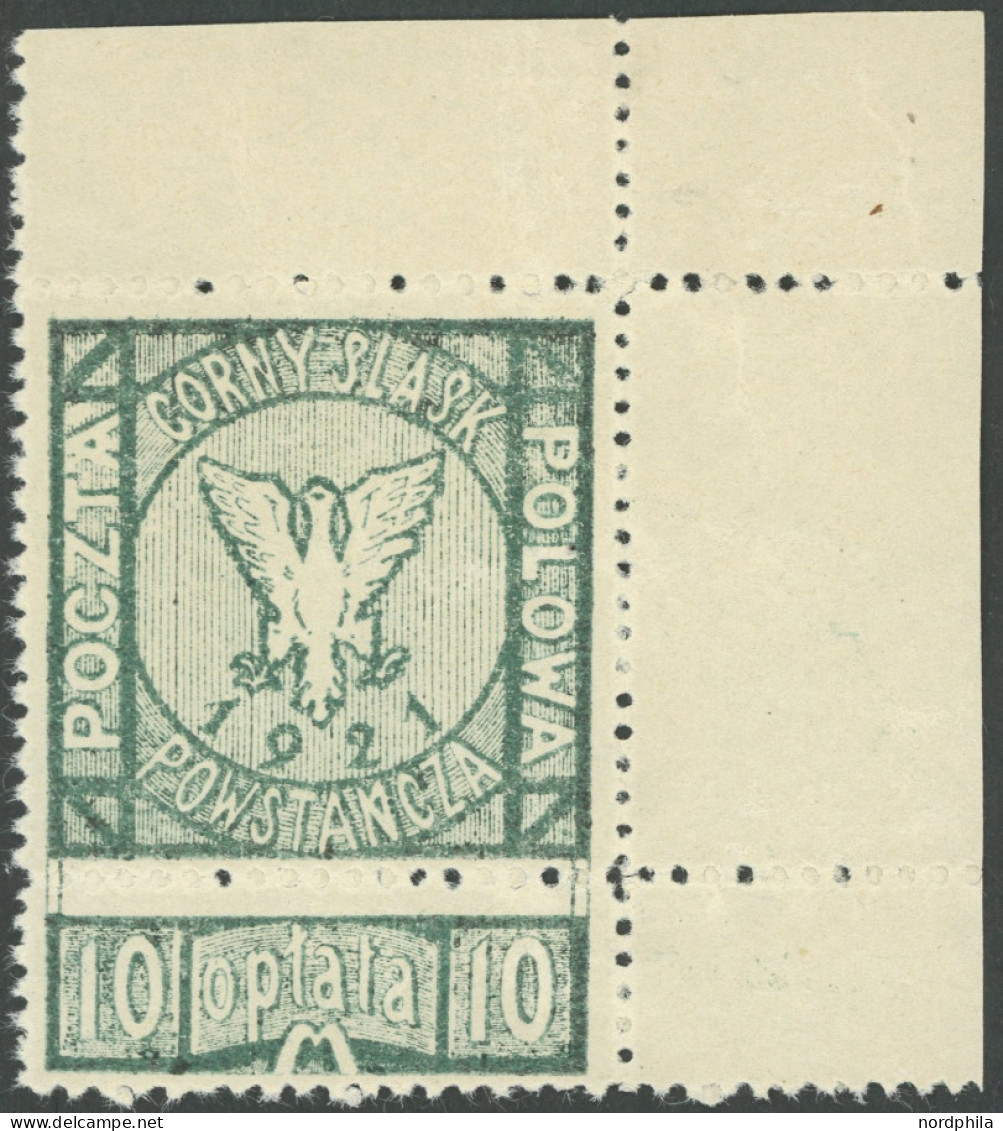 OBERSCHLESIEN 1A , Grüne Post: 1921, Feldpost, Gezähnt L 111/2, Rechte Obere Bogenecke, Ohne Gummi, Pracht, Mi. 60.- - Other & Unclassified