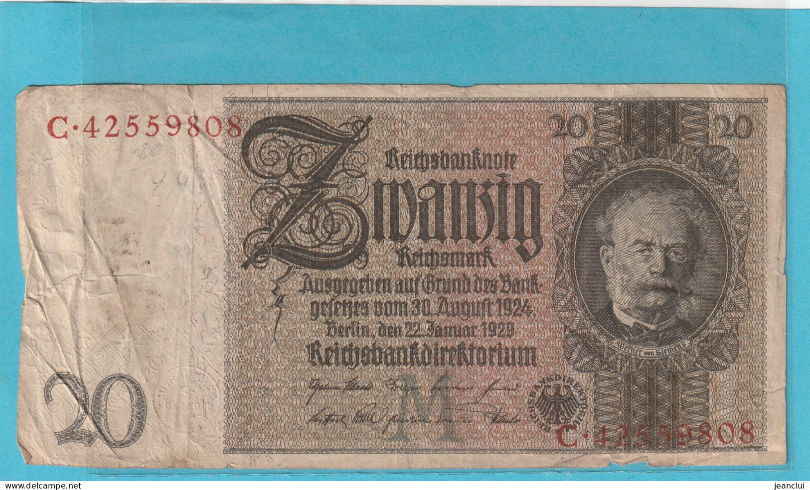 REICHBANKNOTE - 20 MARK . 22-1-1929 .  N°  C.42559808  .  2 SCANNES - 20 Mark