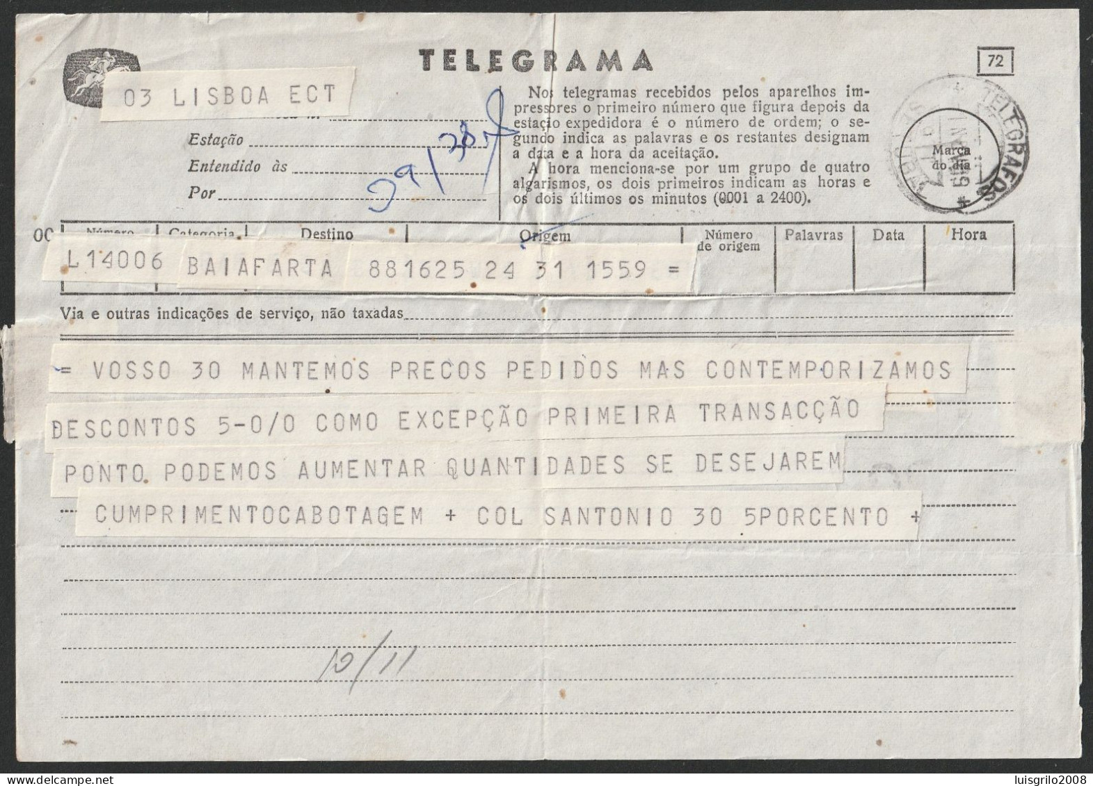 Telegram/ Telegrama - Lisboa > Setúbal -|- Postmark - TELEGRAFOS. Setúbal. 1959 - Storia Postale