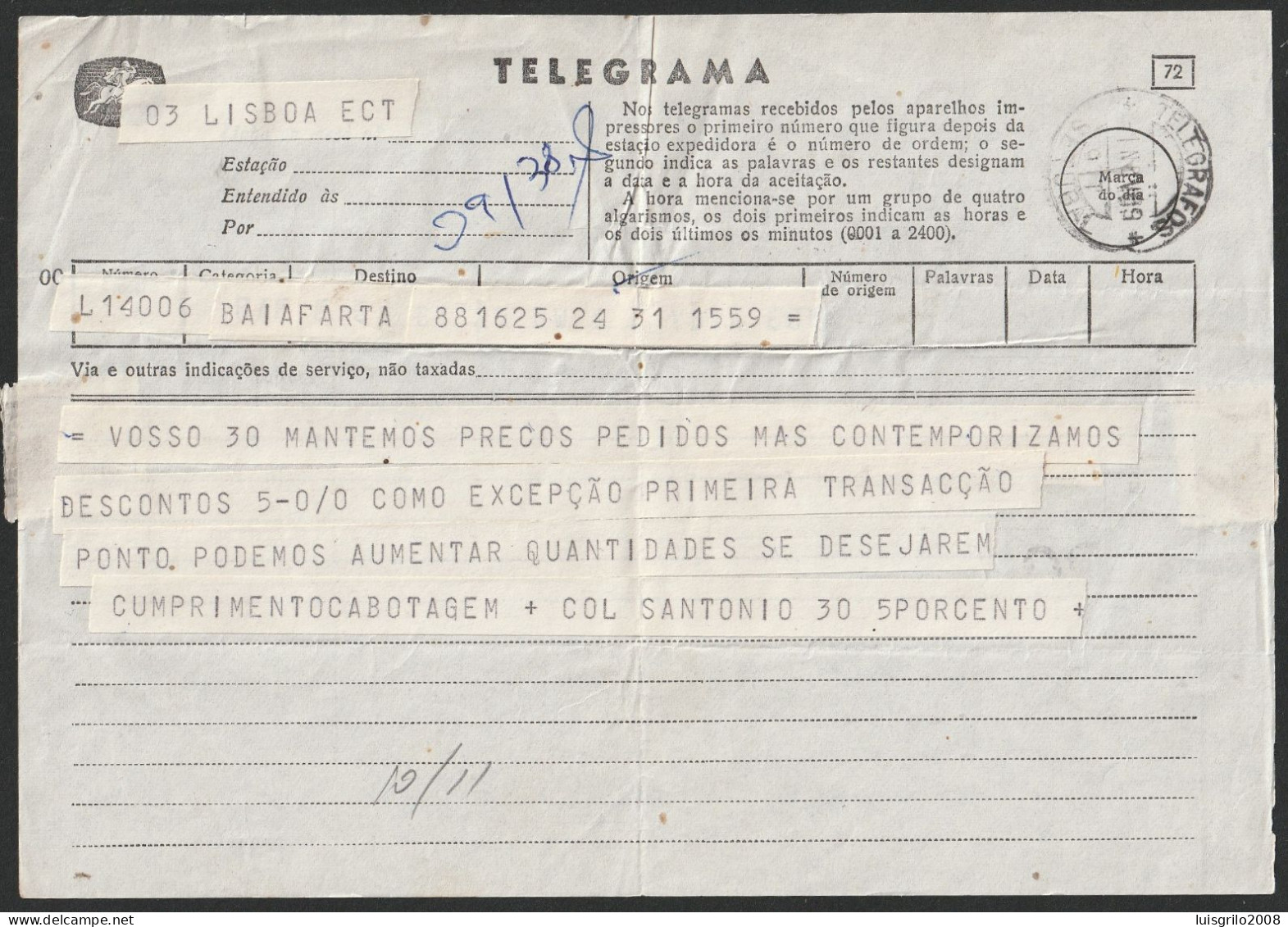 Telegram/ Telegrama - Lisboa > Setúbal -|- Postmark - TELEGRAFOS. Setúbal. 1959 - Briefe U. Dokumente