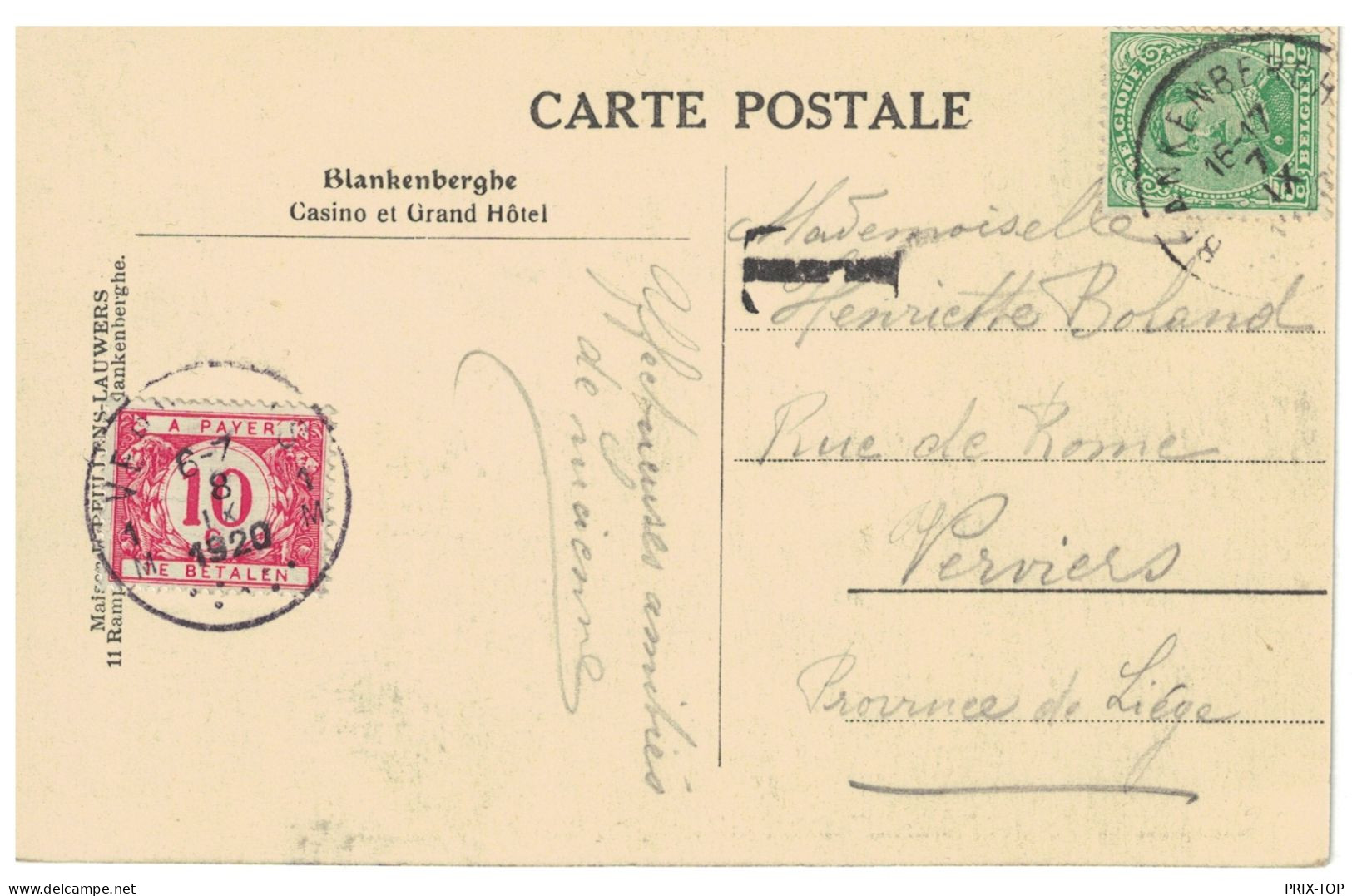 TP 137 S/CP Blankenberghe Obl. Blankenberg 1920 T > Verviers Taxée 10c TTx 27 Obl. Verviers 8/9/1920 - Storia Postale