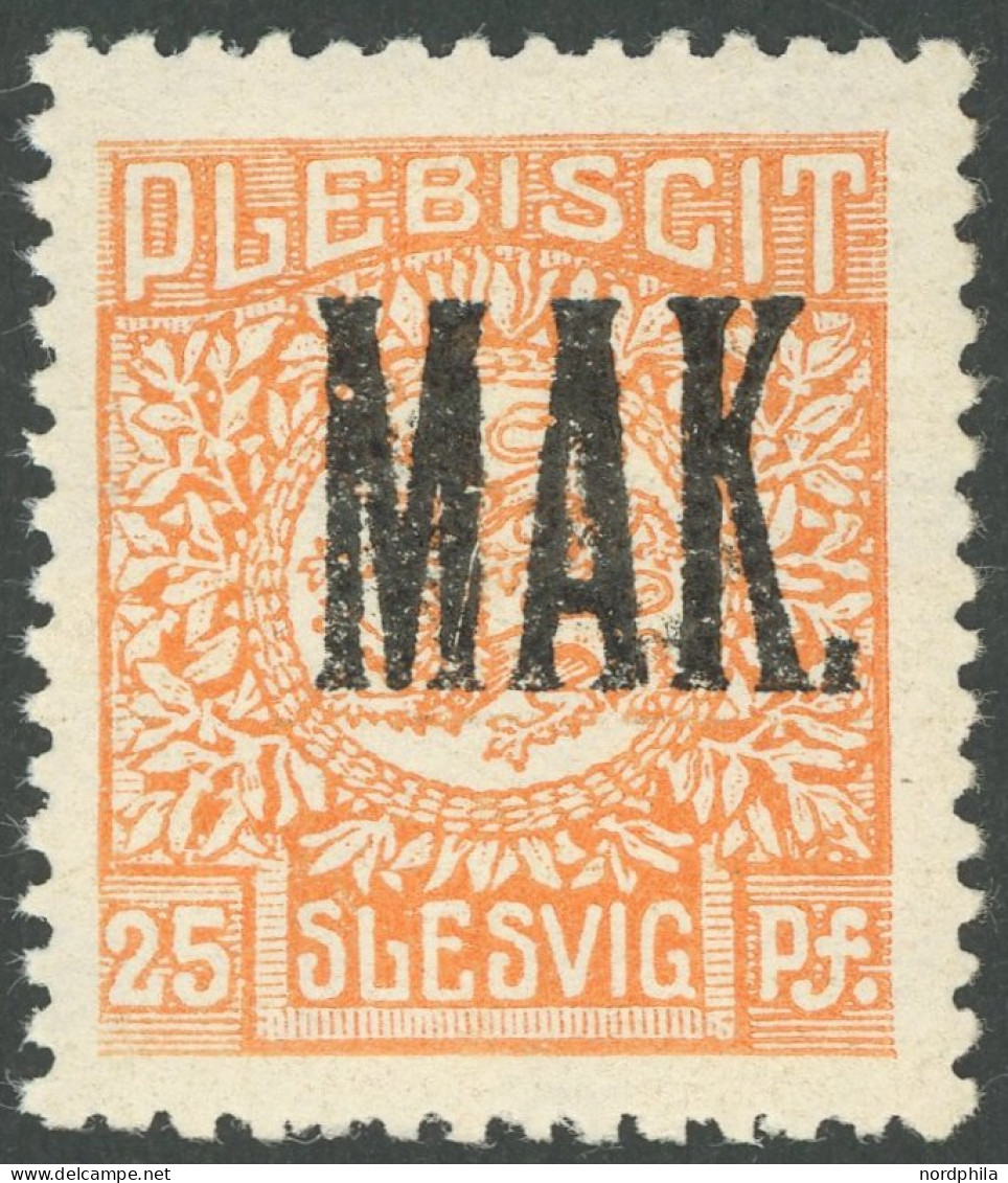 SCHLESWIG 7P 3 , 1920, 25 Pf. Dunkelorange, Gezähnter Probedruck Mit Aufdruck MAK, Postfrisch, Pracht, Mi. -.- - Autres & Non Classés