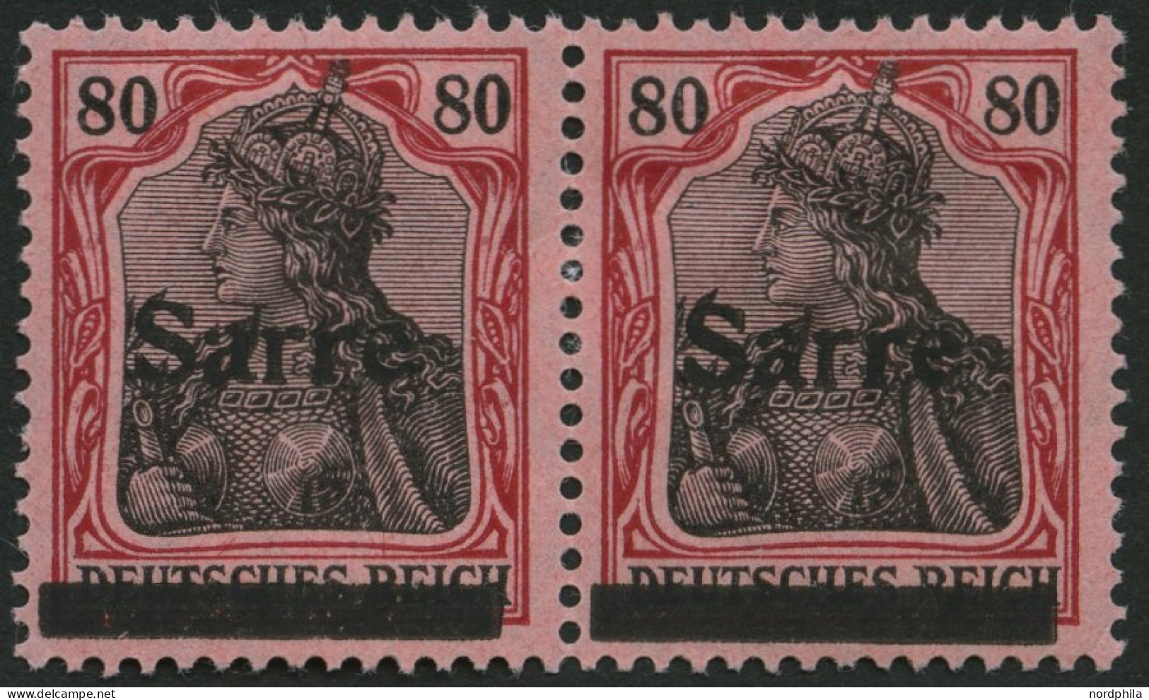 SAARGEBIET 16INI/OI , 1920, 80 Pf. Karminrot/grauschwarz Auf Mittelgraurot, Type I, Im Waagerechten Paar Mit Plattenfehl - Sonstige & Ohne Zuordnung