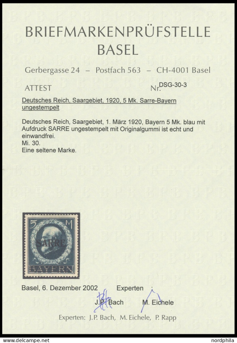 SAARGEBIET 30 , 1920, 5 M. Bayern-Sarre, Ungebraucht, Feinst, Gepr. Burger Und Fotoattest BPA, Mi. 1000.- - Sonstige & Ohne Zuordnung