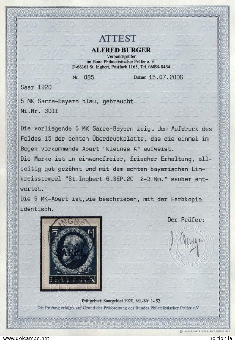 SAARGEBIET 30II BrfStk, 1920, 5 M. Bayern-Sarre Mit Abart Kleines A (Feld 15), Prachtbriefstück, RR!, Fotoattest Burger, - Sonstige & Ohne Zuordnung