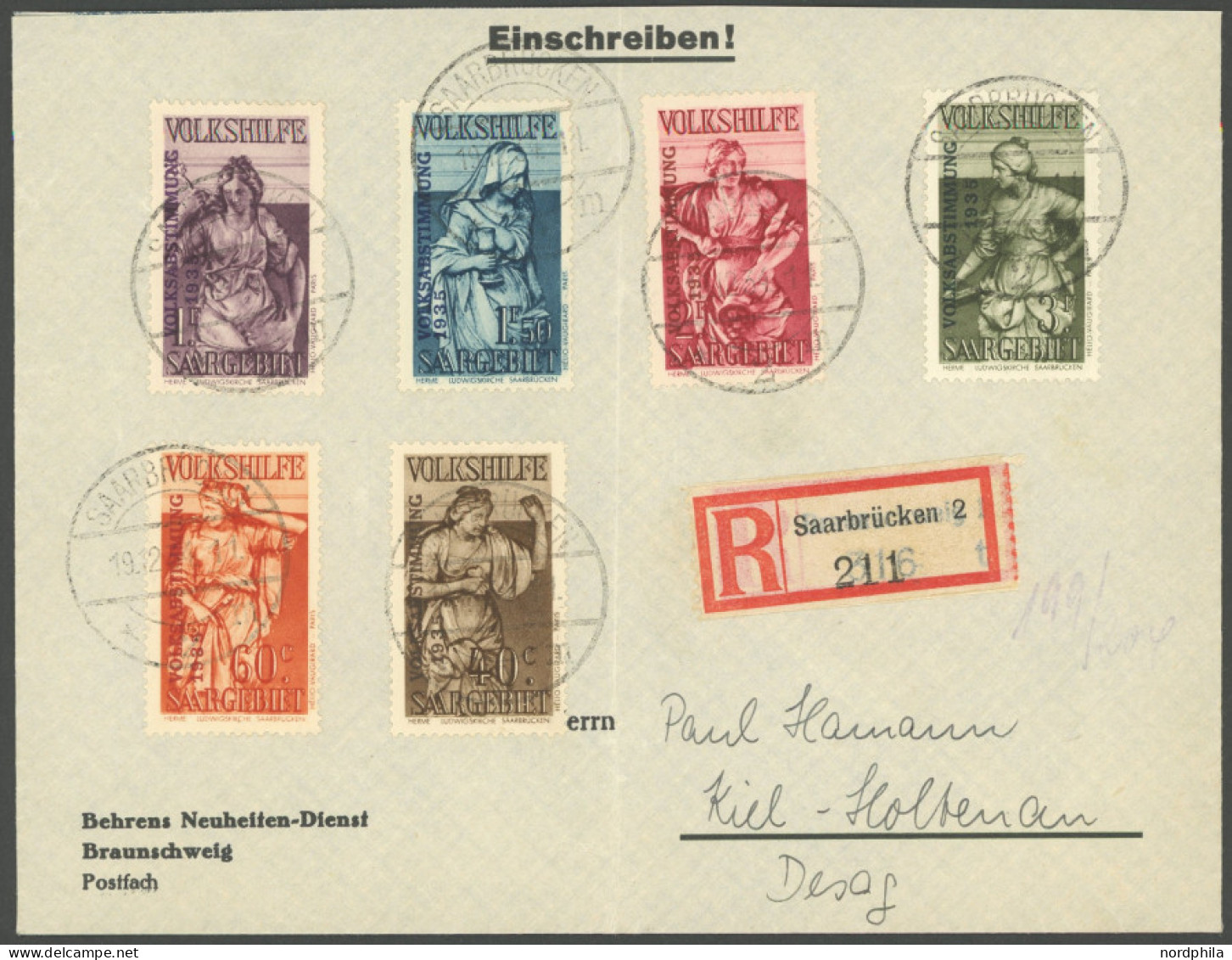 SAARGEBIET 199-204 BRIEF, 1934, 40 C. - 3 Fr. Volksabstimmung, 6 Prachtwerte Auf Sammler-Einschreibbrief Nach Kiel - Other & Unclassified