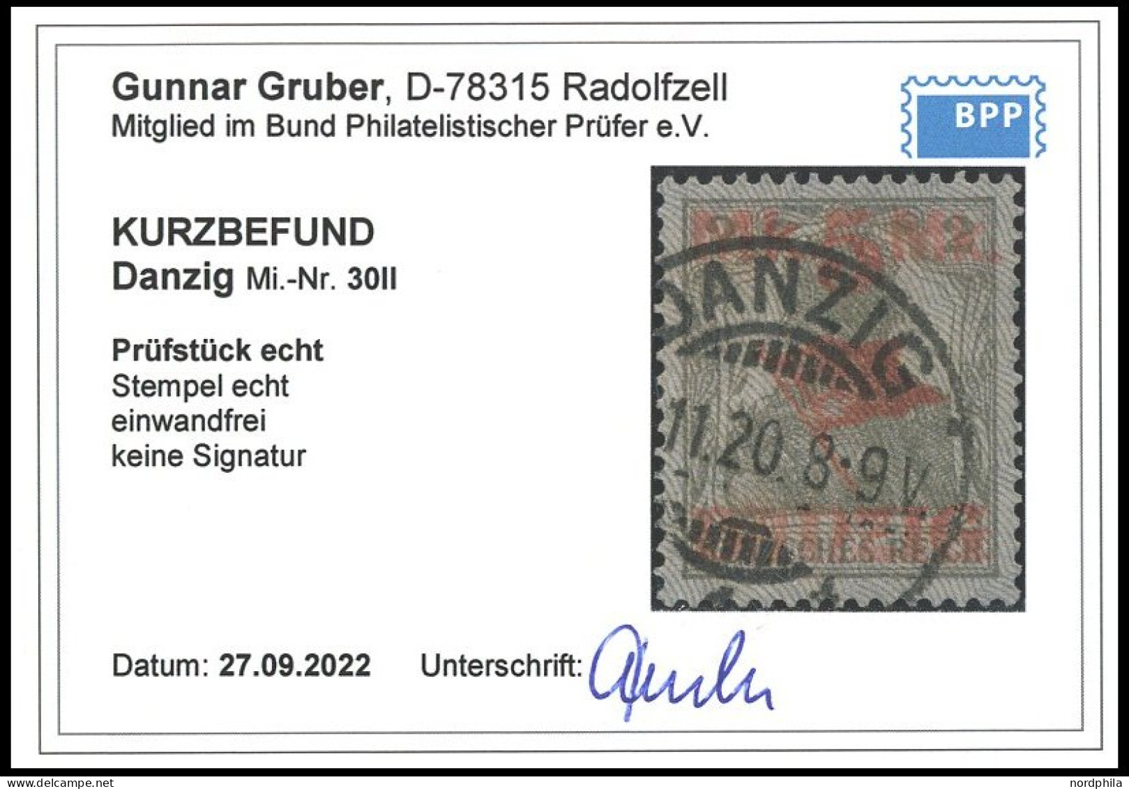 FREIE STADT DANZIG 30II O, 1920, 5 M. Auf 2 Pf., Hellgrauer Netzunterdruck, Spitzen Nach Unten, Pracht, Kurzbefund Grube - Sonstige & Ohne Zuordnung