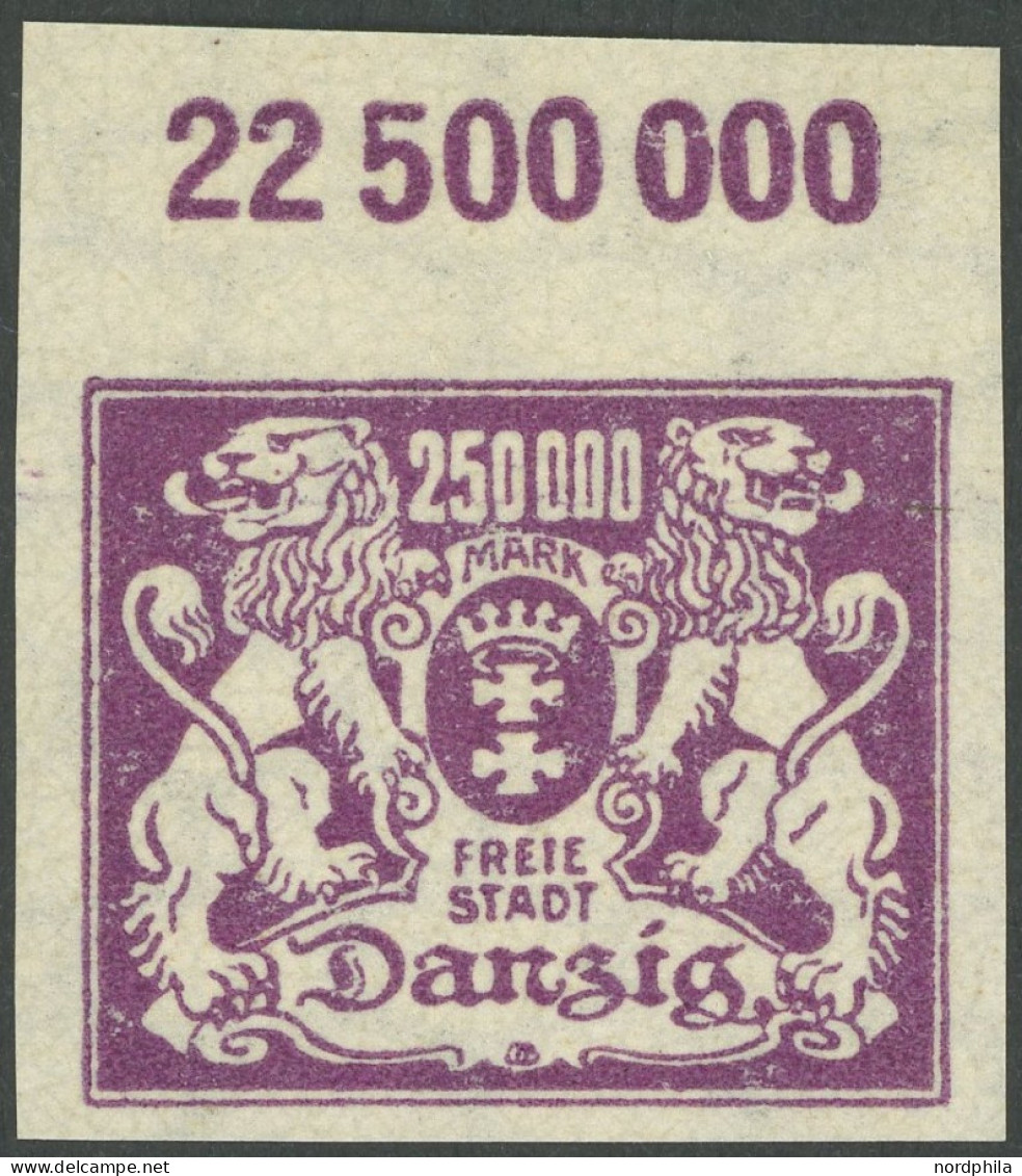 FREIE STADT DANZIG 156U , 1923, 250000 M. Schwärzlichpurpurviolett, Ungezähnt, Postfrisch, Pracht, Gepr. Schuler, Mi. 12 - Andere & Zonder Classificatie