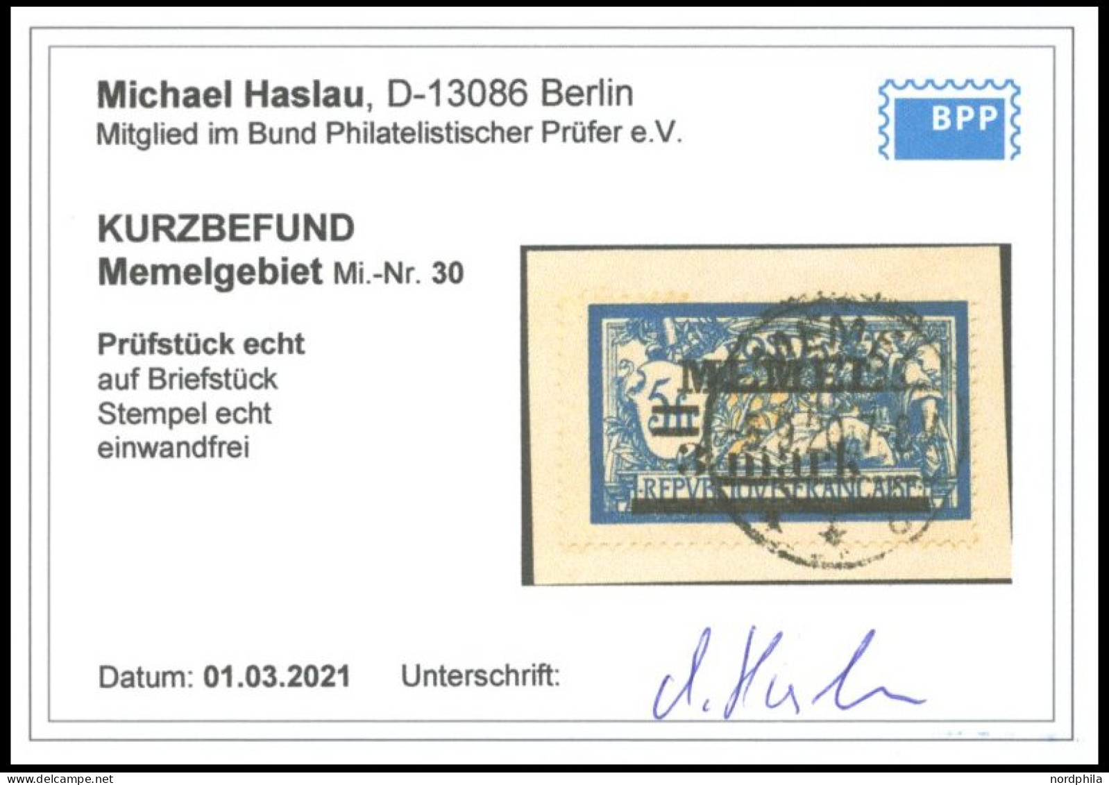 MEMELGEBIET 30 BrfStk, 1920, 3 M. Auf 5 Fr. Dunkelblau/hellbraunocker, Prachtbriefstück, Kurzbefund Haslau, Mi. 90.- - Memel (Klaipeda) 1923