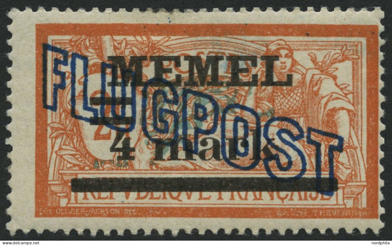 MEMELGEBIET 46Ia , 1921, 4 M. Auf 2 Fr. Rötlichorange/grautürkis Mit Abart 4 Verdickt, Falzreste, Normale Zähnung, Prach - Memelland 1923