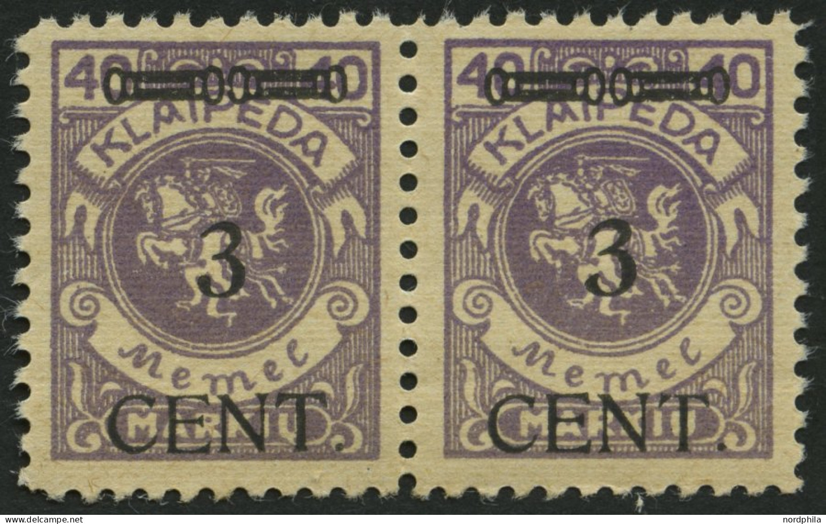 MEMELGEBIET 178W1 , 1923, 3 C. Auf 40 M. Lebhaftgrauviolett, Type II Und I Zusammen Im Waagerechten Paar, Postfrisch, Pr - Memel (Klaïpeda) 1923