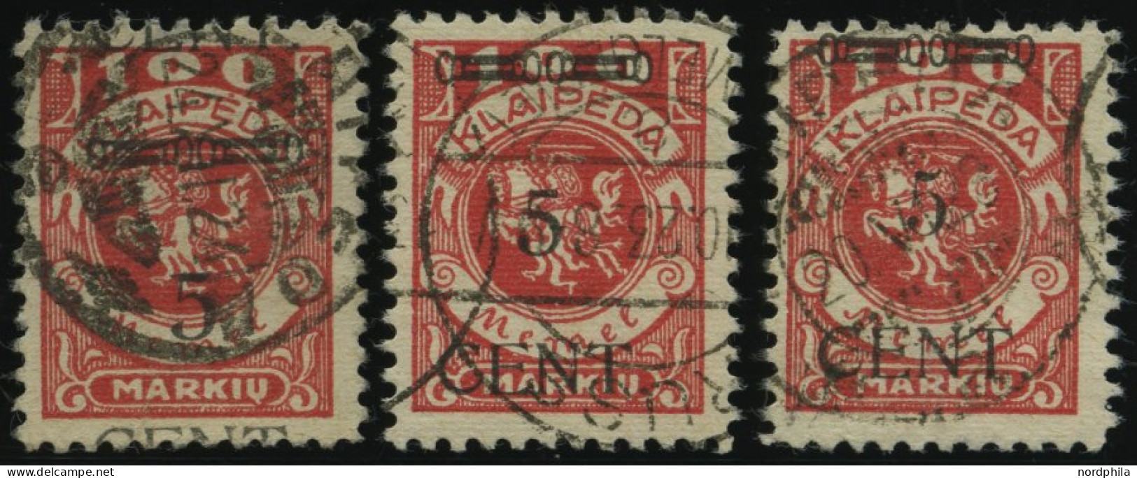 MEMELGEBIET 180I-III O, 1923, 5 C- Auf 100 M. Dunkelrosa, Type I-III, 3 Werte Feinst/Pracht, Gepr. Huylmans - Memelgebiet 1923