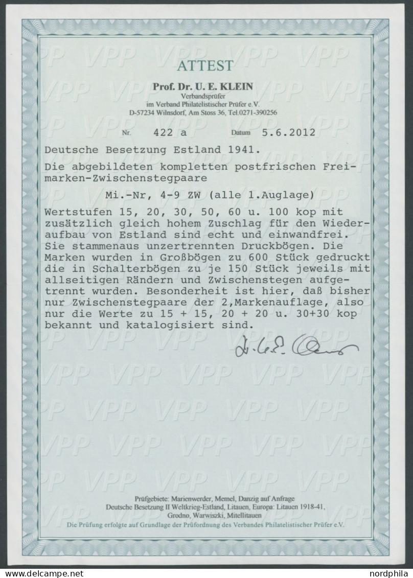 ESTLAND 4-9Zwa , 1941, Wiederaufbau In Zwischenstegpaaren, Alle 1. Auflage!, Postfrischer Prachtsatz, R!, Fotoattest Pro - Besetzungen 1938-45