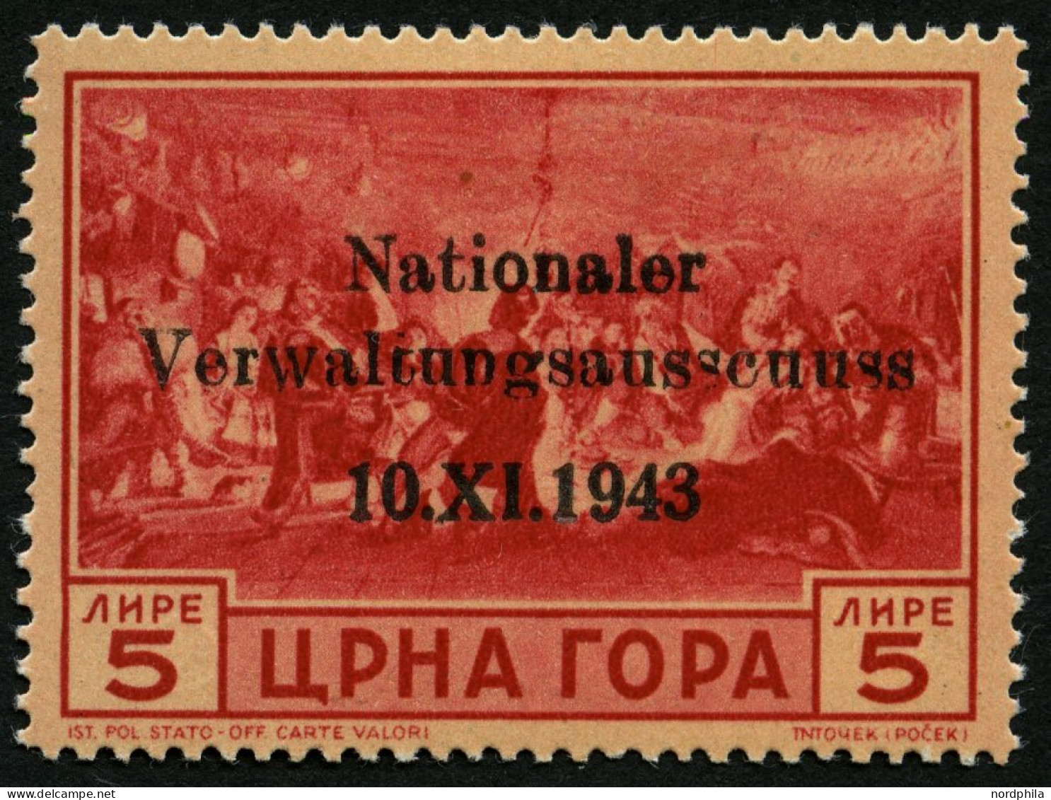 MONTENEGRO 14I , 1943, 5 L. Nationaler Verwaltungsausschuss Mit Setzfehler Scuus, Falzrest, Pracht, Fotoattest Krischke, - Bezetting 1938-45