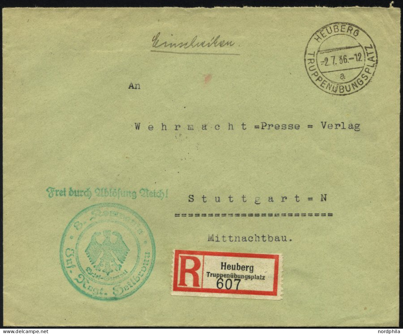 FELDPOST II. WK BELEGE 1936, Militär-Einschreibbrief Vom Truppenübungsplatz Heuberg Mit Entsprechendem R-Zettel Und Grün - Occupation 1938-45