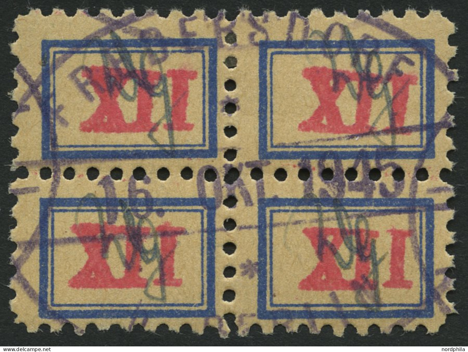 FREDERSDORF Sp 109b VB O, 1945, XII Pf., Rahmengröße 14x9.5 Mm, Wertziffer Mittelrosa, Mit Signum, Im Viererblock, Prach - Privatpost