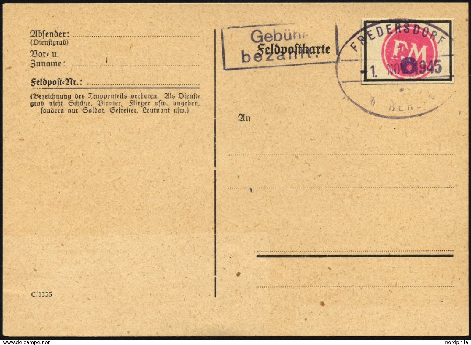 FREDERSDORF Sp 227FIV BRIEF, 1945, 6 Pf., Rahmengröße 28x19 Mm, Große Wertziffern, Mit Abart Wertziffer Bläulichviolett, - Sonstige & Ohne Zuordnung