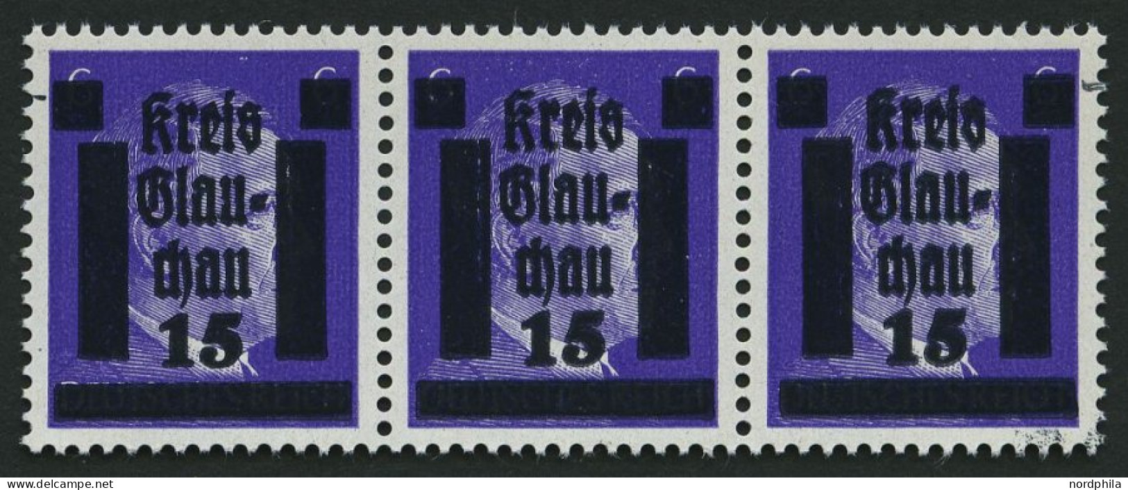 GLAUCHAU 5aDDV , 1945, 15 Auf 6 Pf. Lebhaftblauviolett Doppelaufdruck Im Waagerechten Dreierstreifen, Ein Wert Mit Abart - Other & Unclassified
