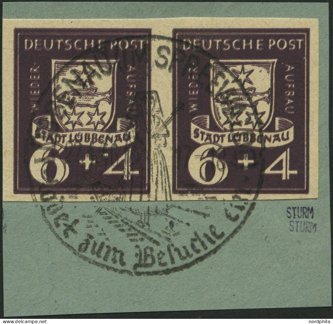 LÜBBENAU 2BDD Paar BrfStk, 1946, 6 Pf. Wiederaufbau, Ungezähnt, Doppeldruck, Im Waagerechten Paar Mit Sonderstempel Auf  - Other & Unclassified