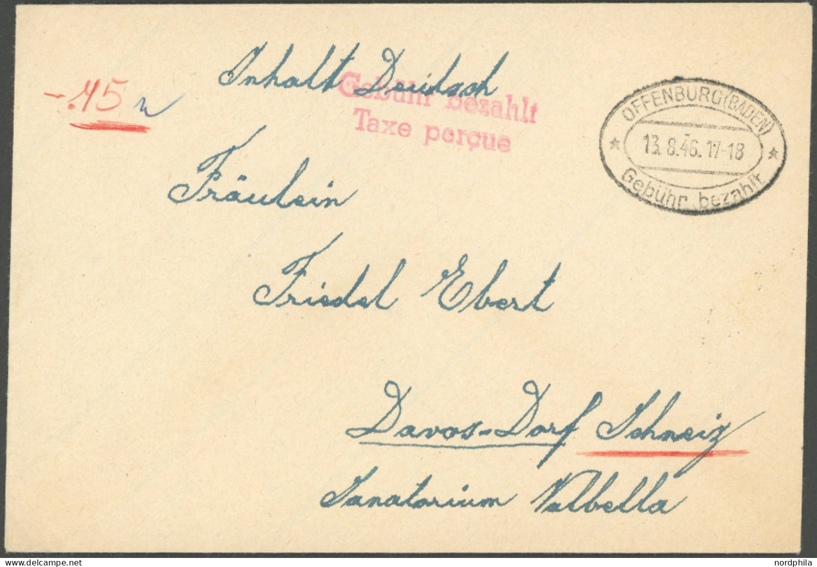 ALL. BES. GEBÜHR BEZAHLT OFFENBURG (Baden) Gebühr Bezahlt, 13.8.46, Ellipsenstempel, Handschriftlich -.75, Auslandsbrief - Other & Unclassified