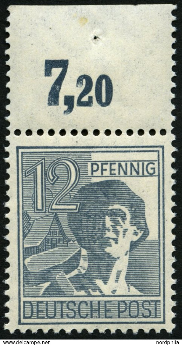 ALLIIERTE BES. 947POR , 1947, 12 Pf. Dunkelgrautürkis, Plattendruck, Oberrandstück, Durchgezähnt, Pracht, Mi. 150.- - Andere & Zonder Classificatie