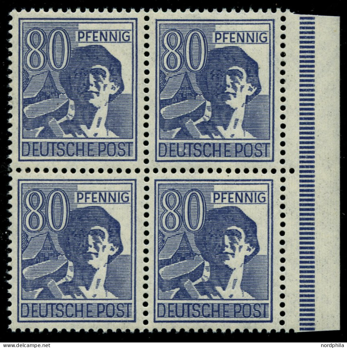 ALLIIERTE BES. 957III , 1947, 80 Pf. Blau Mit Abart Weiße Flecke Im Und Rechts Neben U In Deutsche, Im Randviererblock M - Andere & Zonder Classificatie