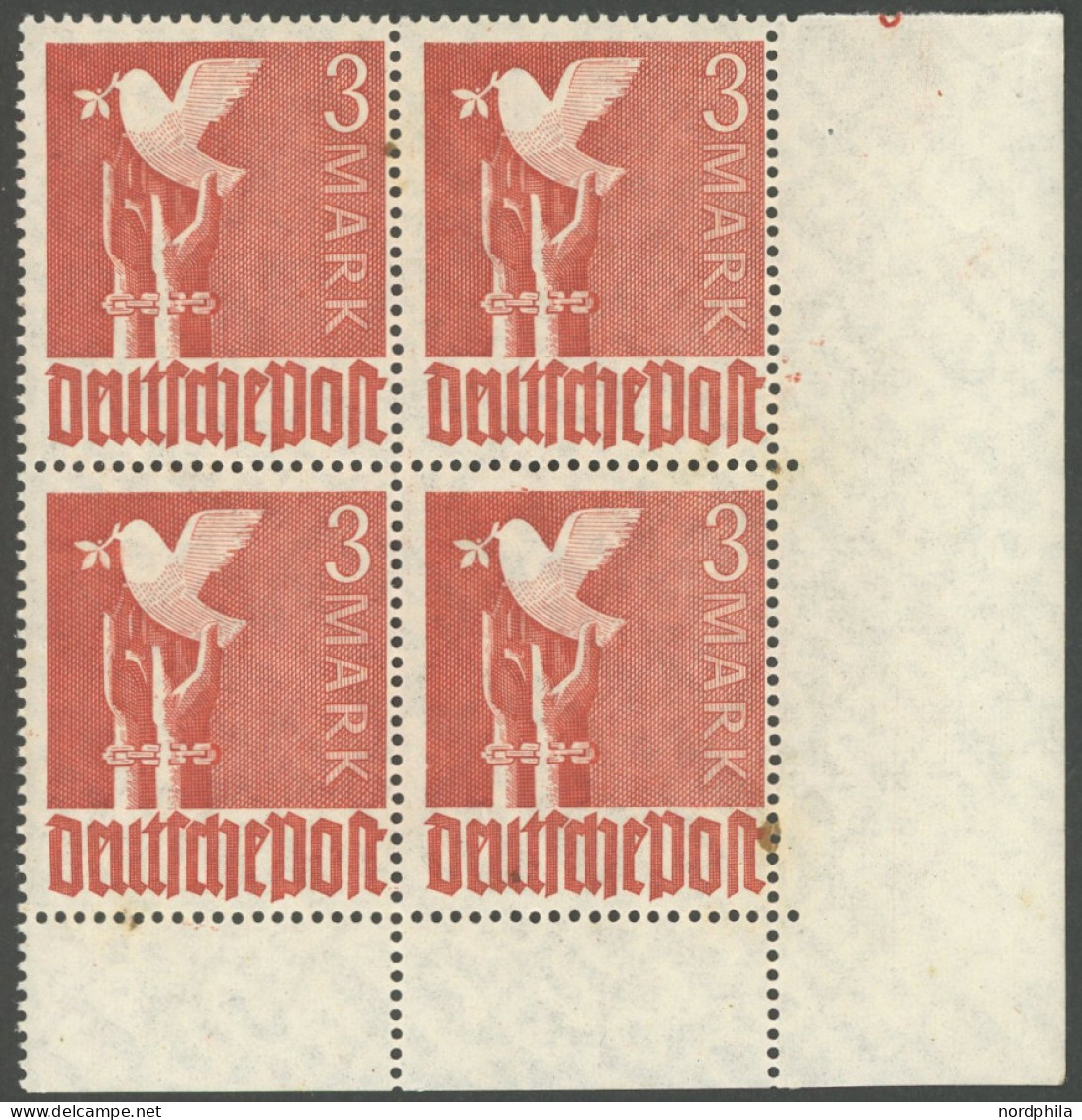 ALLIIERTE BES. 961II , 1947, 3 M. Bräunlichrot Im Unteren Rechten Eckrandviererblock, Feld 50 Mit Abart Strich Am Bildra - Sonstige & Ohne Zuordnung