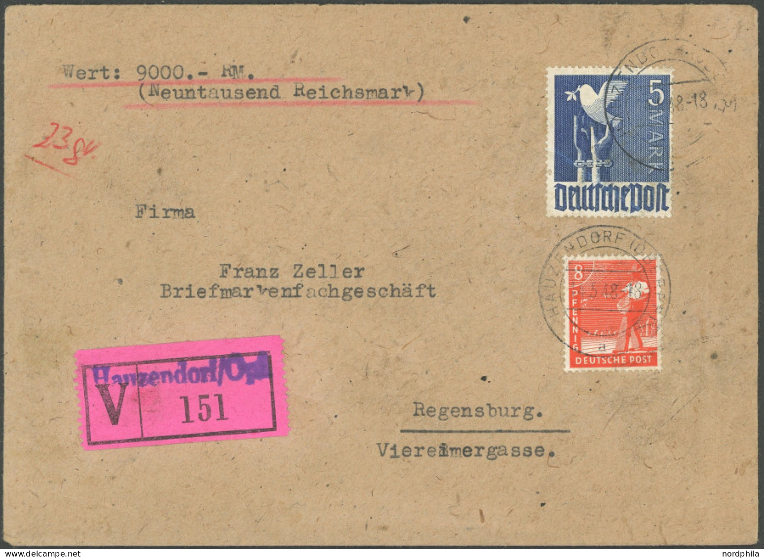 ALLIIERTE BES. 962b BRIEF, 1948, 5 Mk. Violettultramarin Mit Zusatzfrankatur 8 Pf. Arbeiter Auf Portogerechtem Wertbrief - Sonstige & Ohne Zuordnung