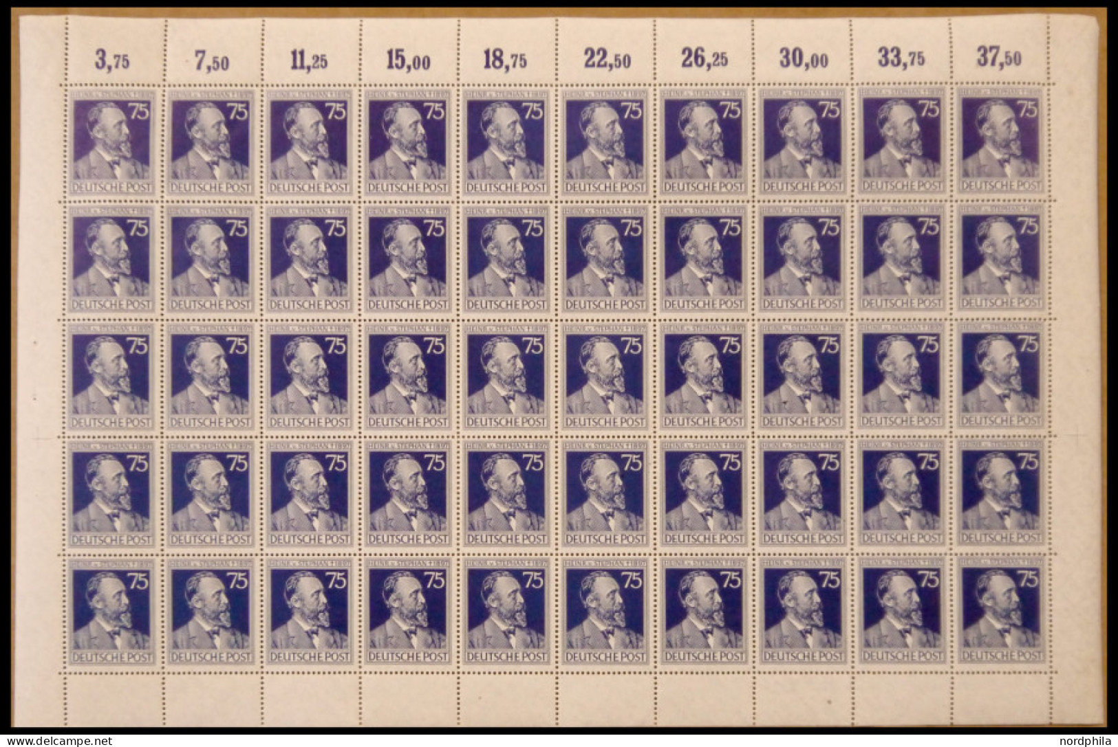 ALLIIERTE BES. 964I,V , 1947, 75 Pf. Stephan Im Bogen (50) Mit Plattenfehlern Auf Den Feldern 11 Und 21, Postfrisch, Pra - Andere & Zonder Classificatie