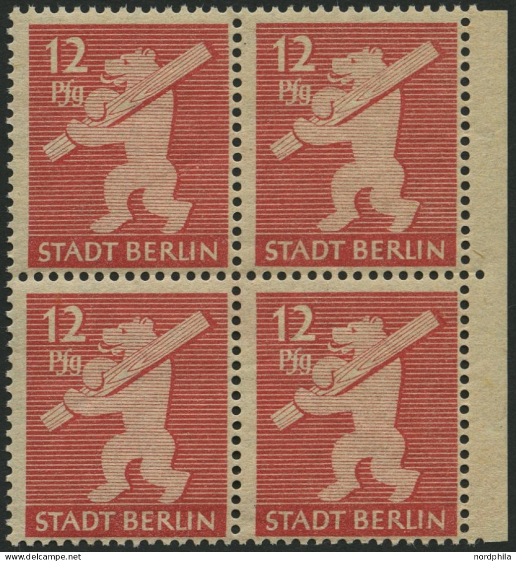 BERLIN UND BRANDENBURG 5AAwax VB , 1945, 12 Pf. Mittelkarminrot, Graurosa Papier, Glatter Gummi, Im Randviererblock, Pra - Other & Unclassified