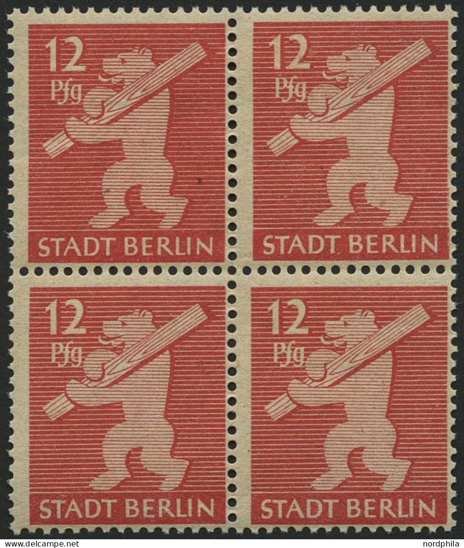 BERLIN UND BRANDENBURG 5AAwax VB , 1945, 12 Pf. Mittelkarminrot, Graurosa Papier, Glatte Gummierung, Im Viererblock, Pra - Other & Unclassified