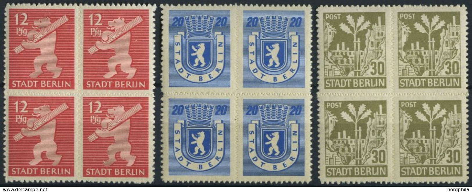 BERLIN UND BRANDENBURG 5-7B VB , 1945, 12 - 30 Pf. Berliner Bär, Durchstochen, Je Im Viererblock, Pracht, Gepr. Ströh, M - Andere & Zonder Classificatie