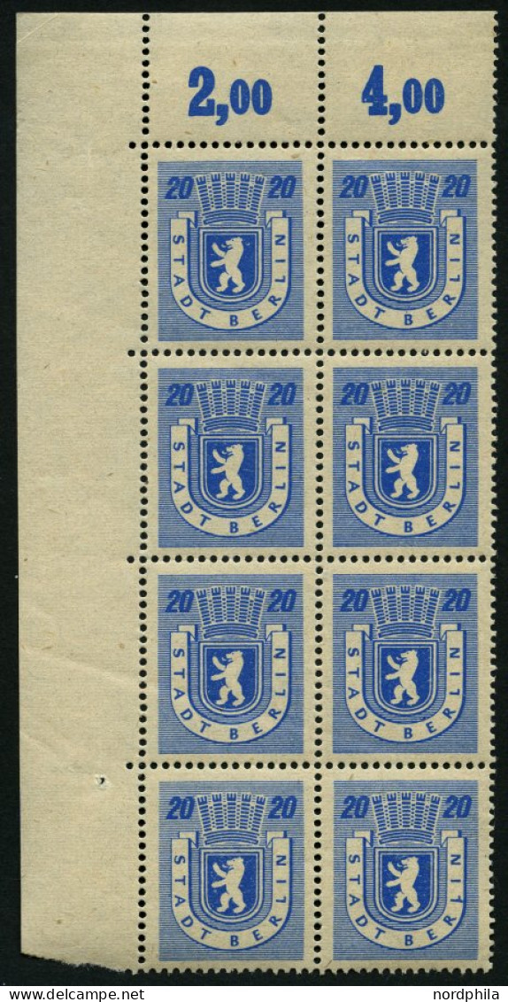 BERLIN UND BRANDENBURG 6AI , 1945, 20 Pf. Lebhaftblau Mit Abart Strich Unten Am L In Berlin, Im Achterblock Aus Der Ober - Other & Unclassified