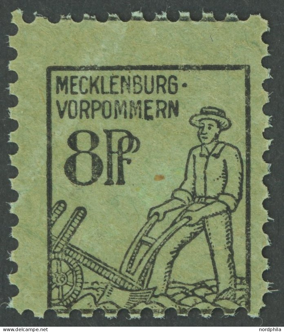 MECKLENBURG-VORPOMMERN 14yG , 1945, 8 Pf. Schwarz Auf Hellbläulichgraugrün Mit Seltener Abart Druck Auf Der Gummiseite,  - Andere & Zonder Classificatie