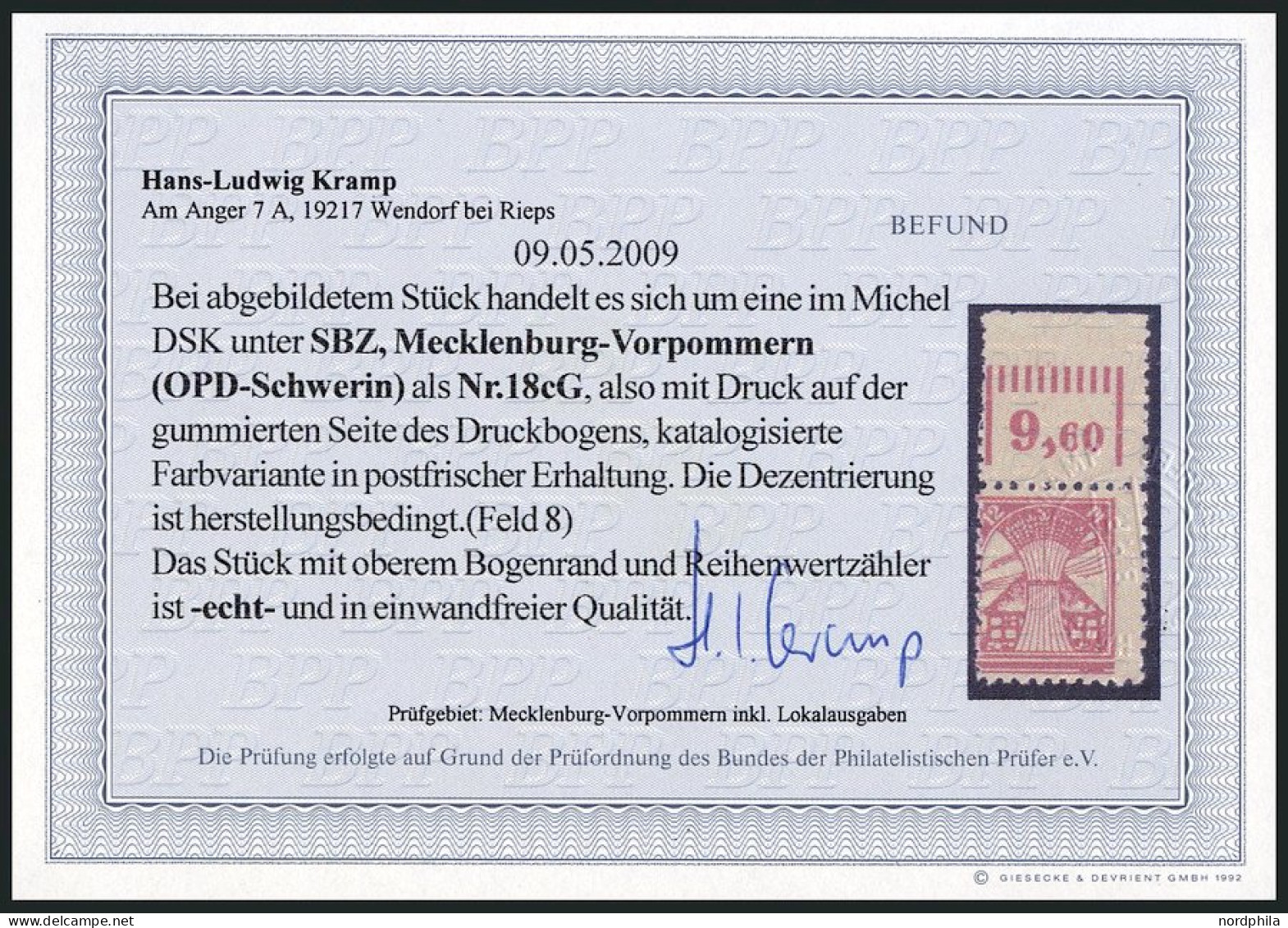 MECKLENBURG-VORPOMMERN 18cG , 1945, 12 Pf. Rosarot, Druck Auf Gummiseite, Oberrandstück, Pracht, Fotobefund Kramp, Mi. ( - Other & Unclassified