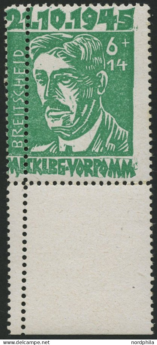 MECKLENBURG-VORPOMMERN 20a , 1945, 6 Pf. Hellgrün Faschismus Mit Senkrechter Doppelzähnung, Unterrandstück, Pracht - Autres & Non Classés