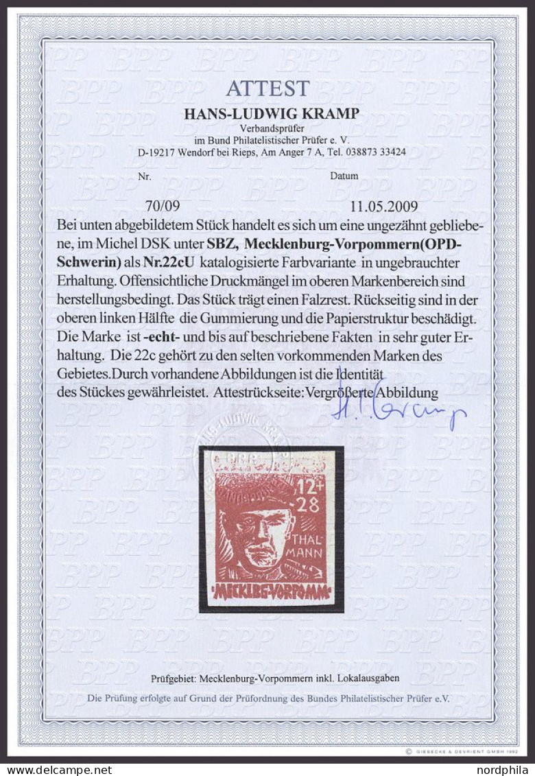 MECKLENBURG-VORPOMMERN 22cU , 1945, 12 Pf. Dunkelrot Faschismus, Ungezähnt, Falzrest, Rückseitig Helle Stelle Sonst Prac - Sonstige & Ohne Zuordnung