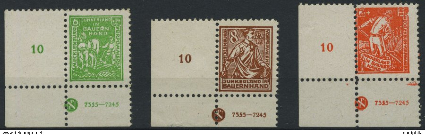 MECKLENBURG-VORPOMMERN 23-25bDZ , 1945, Junkerland, Je Linke Untere Bogenecke Mit Druckereizeichen (7355-7245), Gummi Te - Sonstige & Ohne Zuordnung