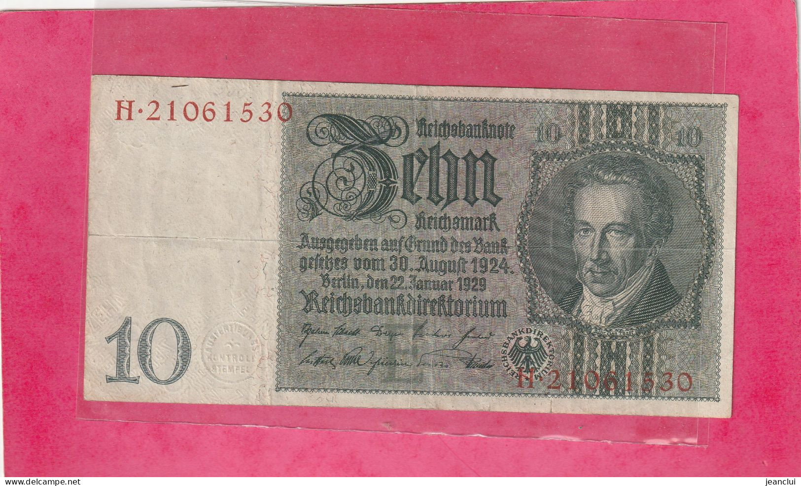 REICHBANKNOTE - 10 MARK . 22-1-1929 .  N°  H.21081530  .  2 SCANNES - 10 Mark