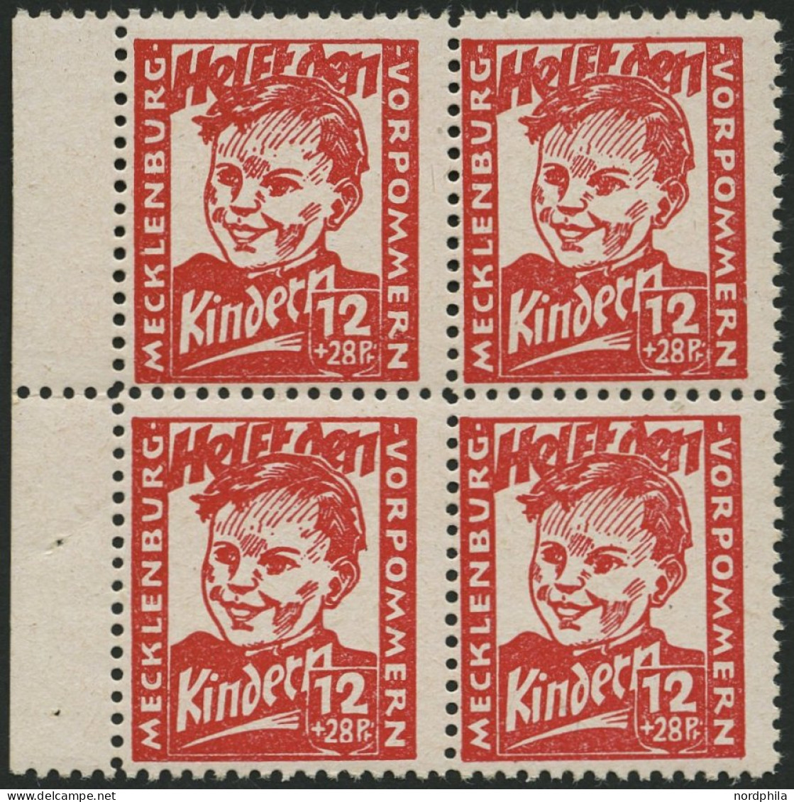 MECKLENBURG-VORPOMMERN 28b VB , 1945, 12 Pf. Dunkelrosa Kinderhilfe Im Randviererblock, Pracht, Gepr. Kramp, Mi. 320.- - Sonstige & Ohne Zuordnung