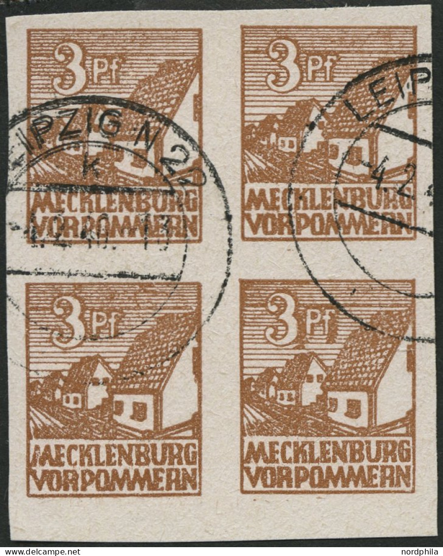 MECKLENBURG-VORPOMMERN 29xa VB O, 1946, 3 Pf. Lebhaftorangebraun, Kreidepapier, Im Viererblock, Pracht, Gepr. Kramp, Mi. - Andere & Zonder Classificatie