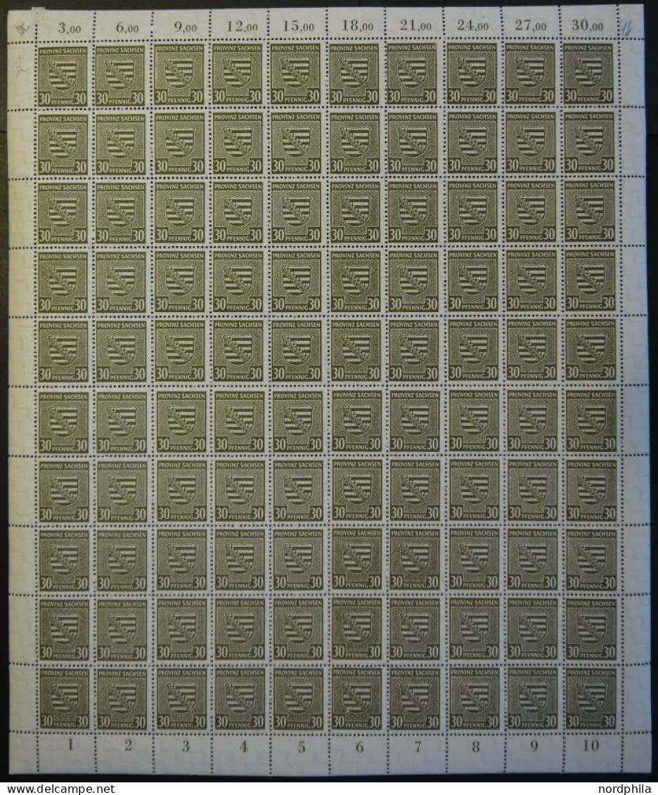 PROVINZ SACHSEN 83Ya , 1945, 30 Pf. Dunkeloliv, Wz. 1Y, Im Bogen (100), Dabei Die Abarten 83YI Und 83YII!, Pracht - Other & Unclassified