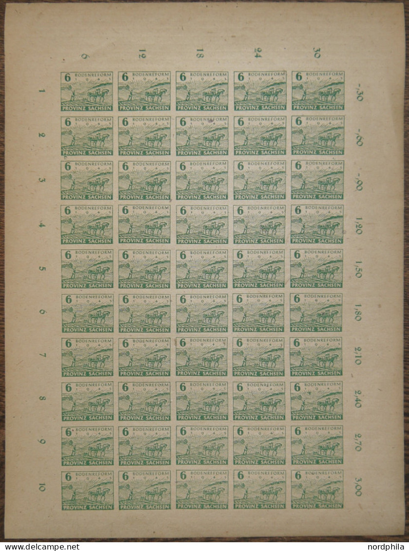 PROVINZ SACHSEN 85xa , 1945, 6 Pf. Grün, Flach Steigende Papierstreifung, Im Vollständigen Bogen (50), Dabei Feld 40 Mit - Autres & Non Classés