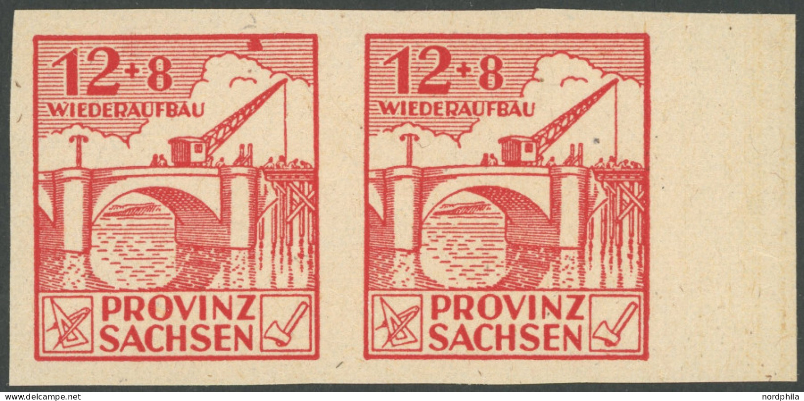 PROVINZ SACHSEN 88BIX , 1946 12 Pf. Wiederaufbau, Ungezähnt, Im Neunerblock Mit Plattenfehler Farbpunkt Im Oberen Marken - Autres & Non Classés